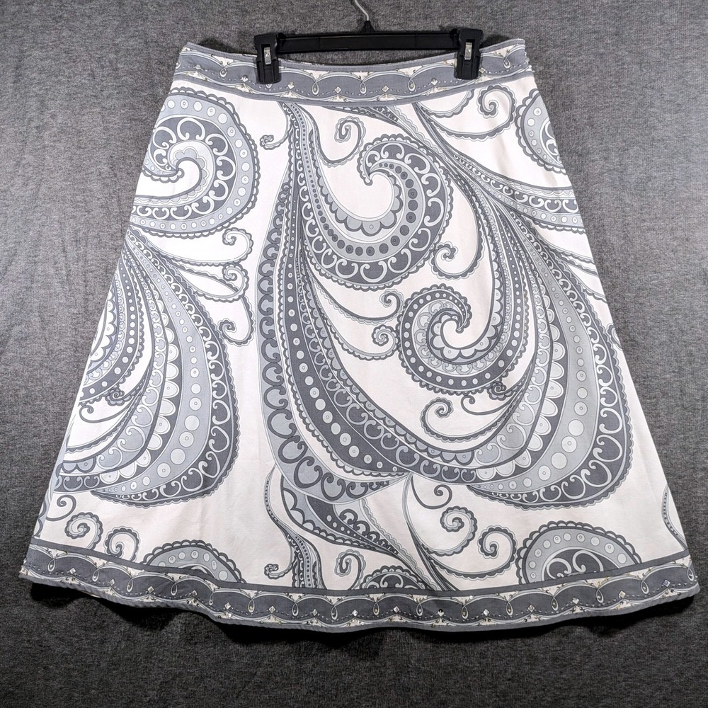 Silkland Women Grey White Paisley Sequin Beaded Knee Length A-Line Skirt Size 14